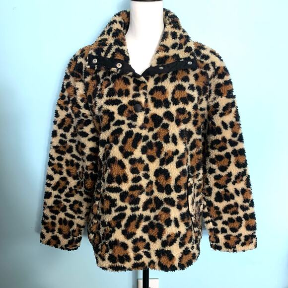 J. Crew Snap-Collar Sherpa Sweatshirt in Leopard Size Medium - Picture 2 of 10
